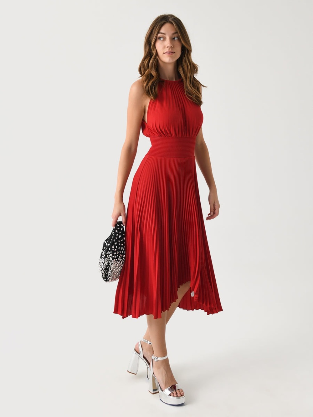 A.L.C. Red Pleated Halter Midi Dress